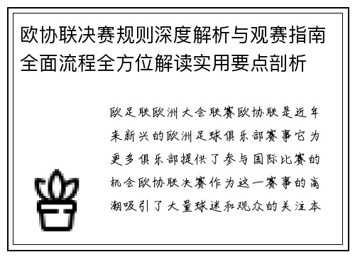 欧协联决赛规则深度解析与观赛指南全面流程全方位解读实用要点剖析