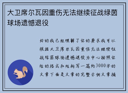 大卫席尔瓦因重伤无法继续征战绿茵球场遗憾退役