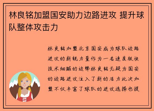 林良铭加盟国安助力边路进攻 提升球队整体攻击力