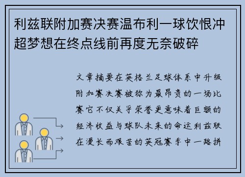 利兹联附加赛决赛温布利一球饮恨冲超梦想在终点线前再度无奈破碎