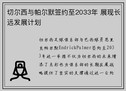 切尔西与帕尔默签约至2033年 展现长远发展计划
